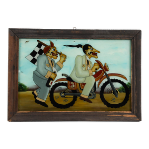 Framed Punakawan Reverse Glass Painting Patruk and Bagong Motorcycle Race