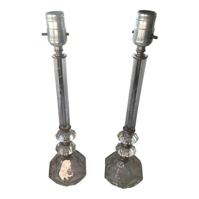 Mid Century Etched Glass Crystal Table Lamp - a Pair For Sale