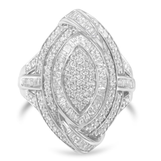 Contemporary .925 Sterling Silver & 1-1/8 Cttw Diamond Marquise Shaped Cluster Triple Halo Knot Cocktail Fashion Ring (I-J Color, I2-I3 Clarity) - Size 6-1/4 For Sale - Image 3 of 7