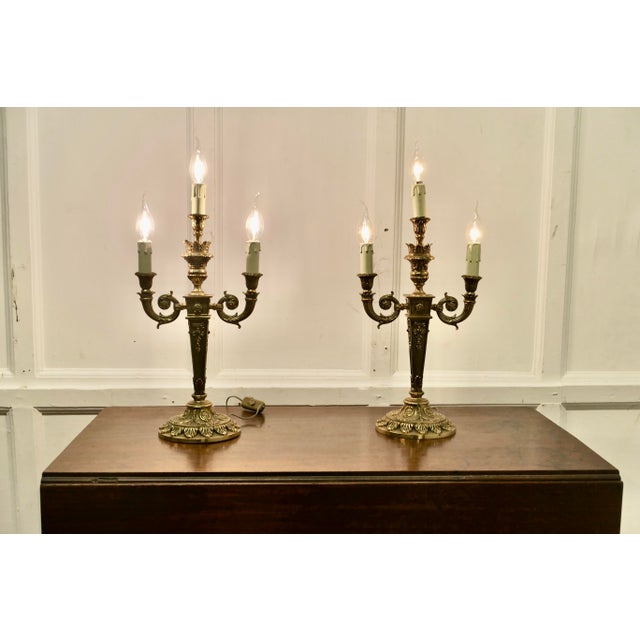 Large Brass 3-Branch Candelabras, 1920s, Set of 2 For Sale - Image 6 of 7