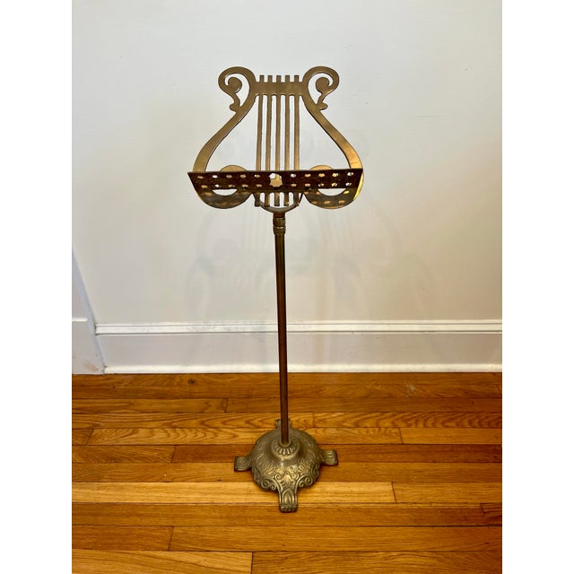 Metal Mid-20th Century French Patinated Brass Music Stand With Lyre Motif For Sale - Image 7 of 8