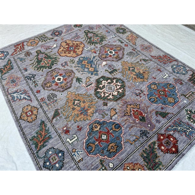2000 - 2009 Lavender Pictorial Oushak Hand-Knotted Wool Area Rug With Animals - 8' X 9'8" For Sale - Image 5 of 9