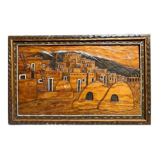 Hand Carved Taos Pueblo Wood Wall Panel Signed and Dated 1977 For Sale