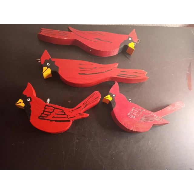 Figurative 1980s Handcarved Wooden Red Cardinal Christmas Ornaments Set of 4 For Sale - Image 3 of 5