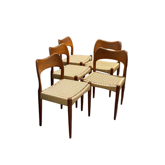 Gorgeous set of 5 vintage Niels Otto Moller mid century modern teak rope chairs with a beautifully woven seat. Danish...