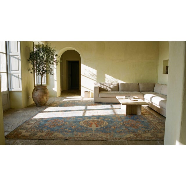 Phenomenal Blue and Tan Beige Color Medallion Design Antique Malayer Rug For Sale - Image 10 of 11