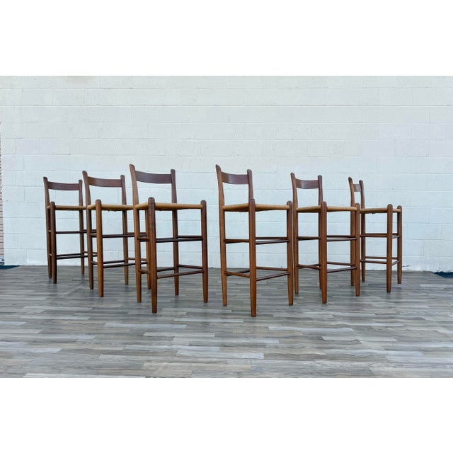 Mid-Century Modern 1970s Set of 6 Danish Modern Style Solid Wood Bar Stools With Woven Rush Seats For Sale - Image 3 of 12
