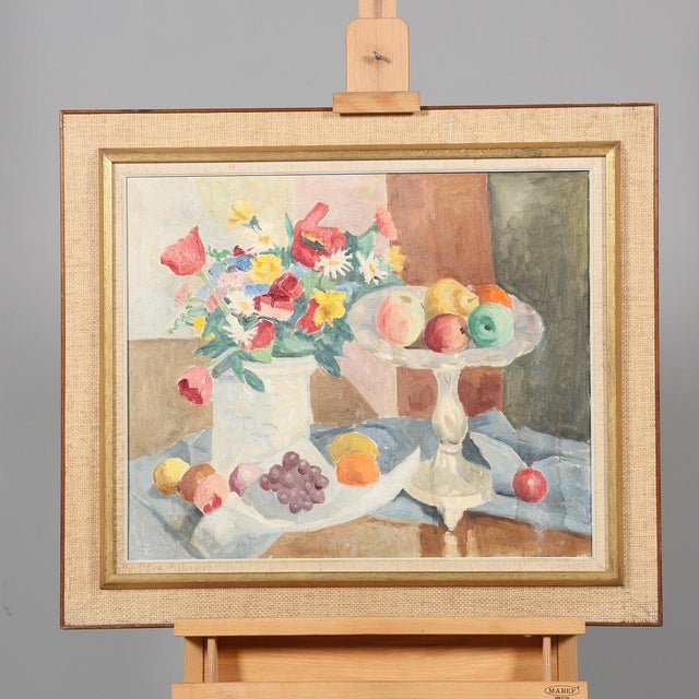 Original Swedish Oil on Canvas – "Flowers and Fruit by Ellis Wallin" Vintage & Framed – 72.5 × 83 cm (28.5" × 32.7") A...