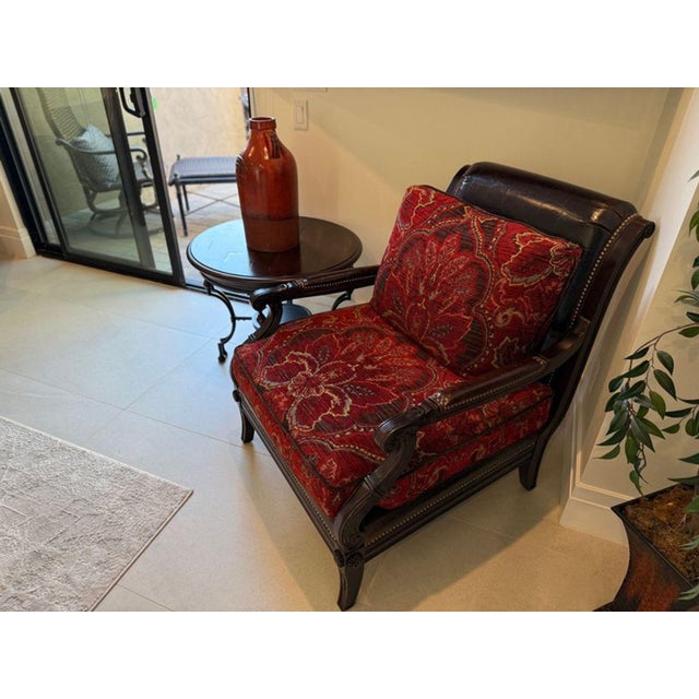 2010s Paul Schatz Lounge Chair With Floral Red Upholstery and Wood Frame For Sale - Image 5 of 10