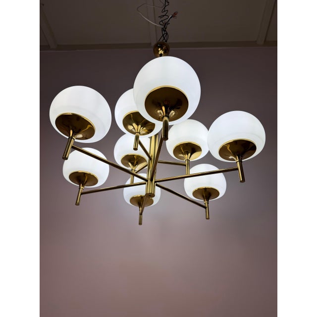 Type 2645 9-Light Chandelier in Brass and Opal Glass from Aloys Fischer Sundern For Sale - Image 6 of 11