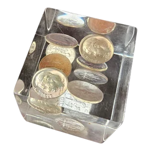Pop Art Acrylic or Lucite Cube With 1964 Dimes.
