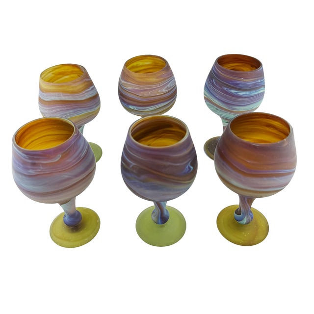 Late 20th Century Vintage Hebron Phoenician Handblown Glass Wine Goblets - Set of Six For Sale - Image 5 of 7
