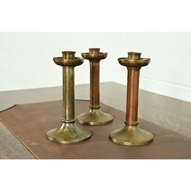 Roycroft Roycroft Arts & Crafts Brass Finished Hammered Copper Candlesticks, Set of Three For Sale - Image 4 of 8