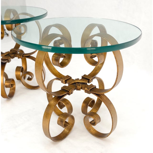 Pair Italian Think 3/4" Glass Top Gold Gilt Scrolls Shape Bases End Tables Stand For Sale - Image 11 of 12