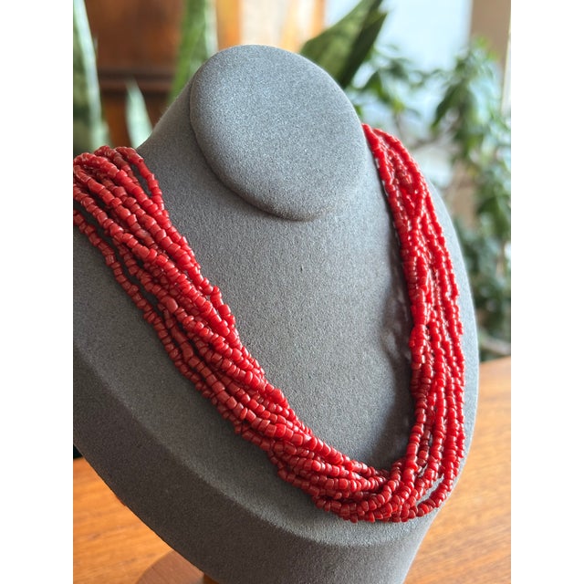 Mid-Century Modern Vintage Native American Style 10-Strand Mediterranean Red Coral Necklace 1971 Four Square Marks For Sale - Image 3 of 7