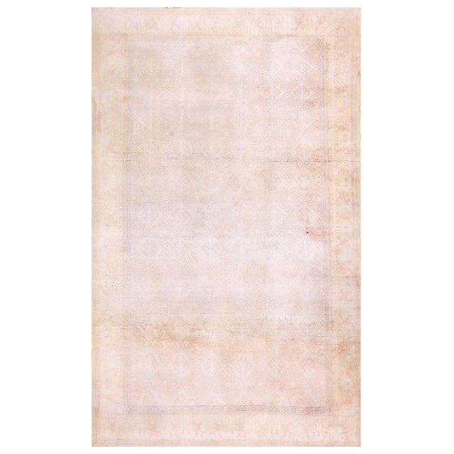 Textile 1930s Ivory Plaid Solid Antique Cotton Agra Rug 4' X 6'8" Handknotted Wool Carpet For Sale - Image 7 of 18
