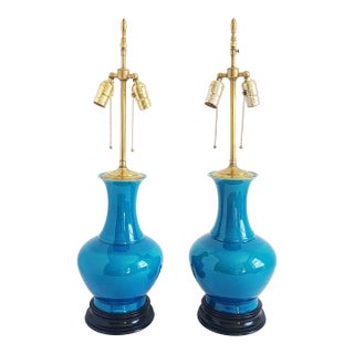 Mid Century Modern Blue Cerulean Table Lamps-a Pair For Sale