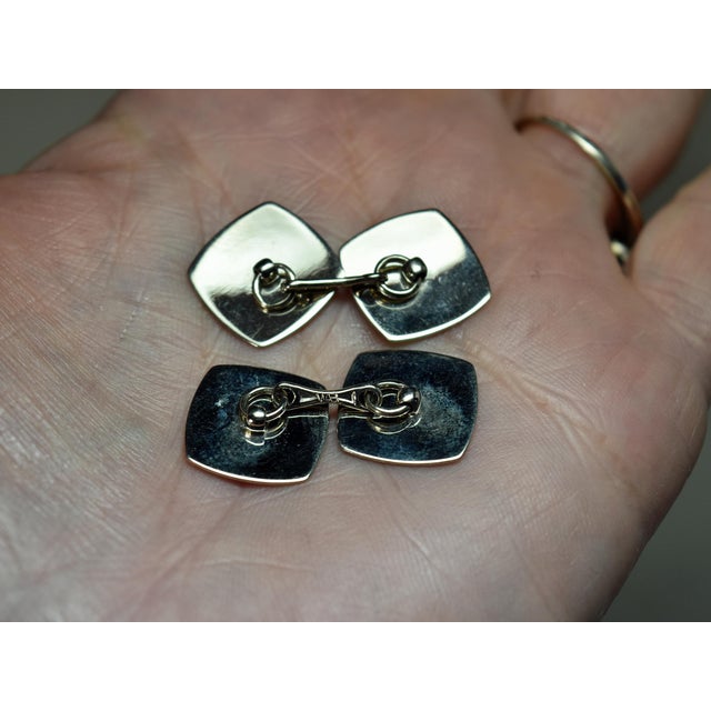 Art Deco 14k White Gold Black Enamel Double Sided Textured Cufflinks With Antique Box For Sale - Image 16 of 18