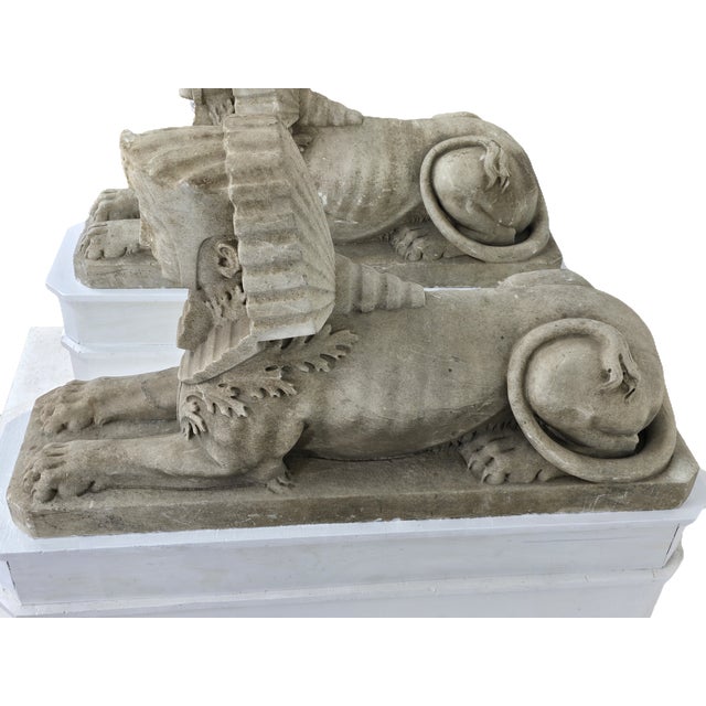 Impressive Large Pair Antique Sphinxes of Weathered White Marble on Custom Wood Bases For Sale - Image 12 of 14