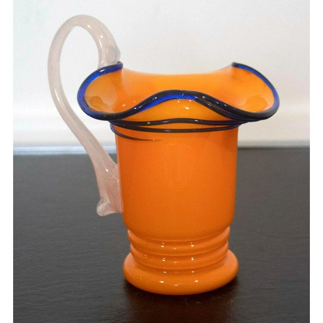 Mid-Century Modern Vintage Czech Glass Orange & White Handle Pitcher For Sale - Image 3 of 8