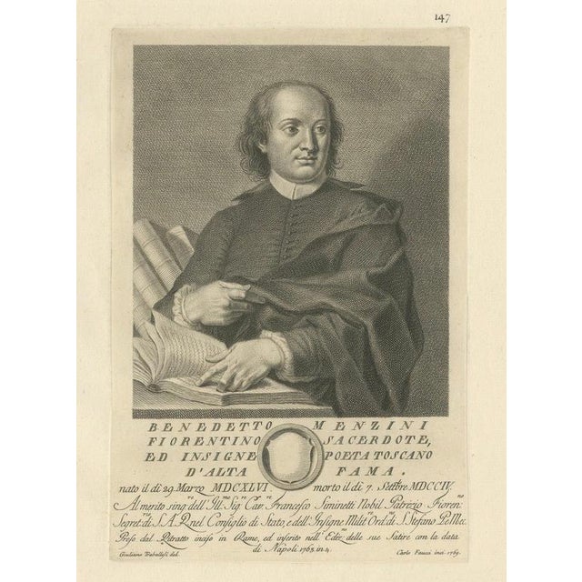 Benedetto Menzini, Florentine Poet & Priest Portrait, 1769, Etching For Sale - Image 9 of 9