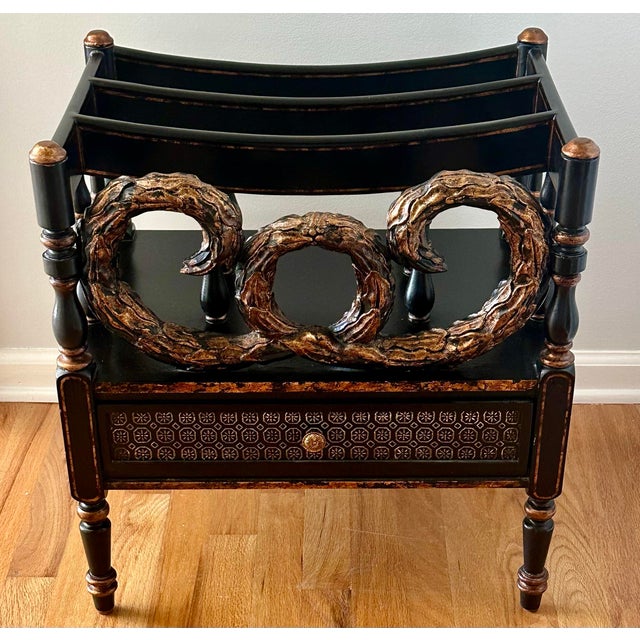 Ebony and Gilt Painted One Drawer Canterbury For Sale - Image 9 of 11