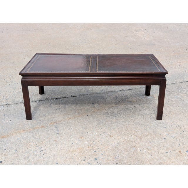 Animal Skin Vintage Hekman Leather Top Inlaid Federal Style Coffee Table For Sale - Image 7 of 9