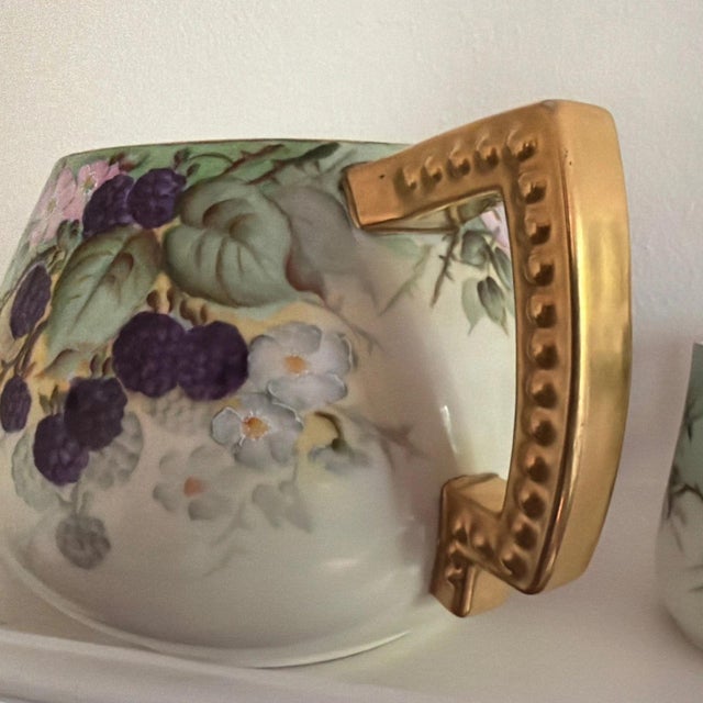 6 Piece Antique Limoges Hand Painted by McCue BlackBerry Pitcher and Cups For Sale In Milwaukee - Image 6 of 9
