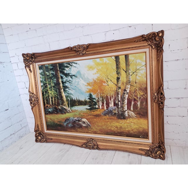 Large Vintage Woodland River Mountain Landscape, Oil Painting on Canvas, Gold Frame, Signed, 1980s For Sale - Image 6 of 18
