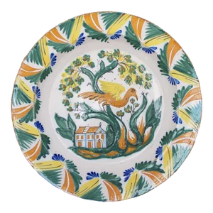 19th Century Portuguese Bird by a House Wall Plate, Earthenware, Faience