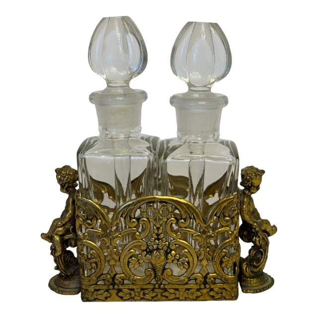 19th Century French Baccarat Style Brass Caddy and Perfume Bottles - A Set of 3 For Sale