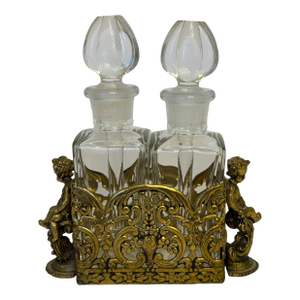 19th Century French Baccarat Style Brass Caddy and Perfume Bottles - A Set of 3