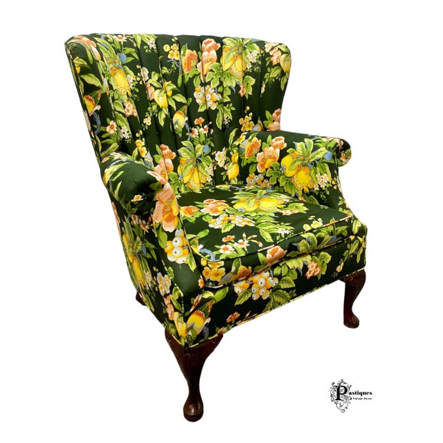 Vintage Traditional Chippendale Style Channel Back Floral Print Wingback Accent Chair For Sale - Image 10 of 11