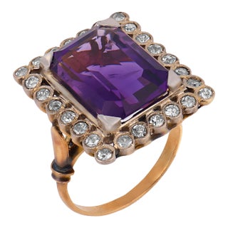 Vintage 6.86 Carat Amethyst Diamond 14k Yellow Gold Cocktail Ring, Size 6 For Sale