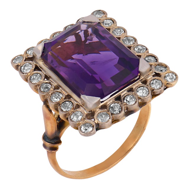 Vintage 6.86 Carat Amethyst Diamond 14k Yellow Gold Cocktail Ring, Size 6 For Sale