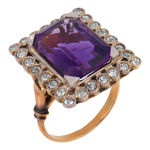 Vintage 6.86 Carat Amethyst Diamond 14k Yellow Gold Cocktail Ring, Size 6