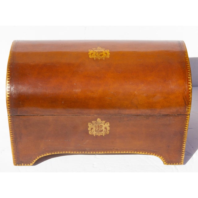 Mid-Century Modern Large Italian Leather Armorial Domed Top Box For Sale - Image 3 of 6