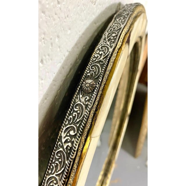 Brass Art Deco Style Round White Frame & Antiqued Brass Filigree Inlay Mirror, a Pair For Sale - Image 8 of 11