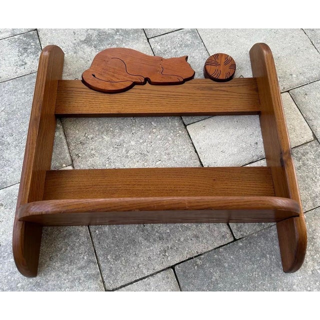 Rustic Vintage Mid-Late 20th Century Hand Crafted Oak Wall Shelf With Carved Cat For Sale - Image 3 of 10