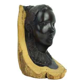 Mid 20th Century Hand Carved Ebony Wood Tribal Bust Sculpture For Sale