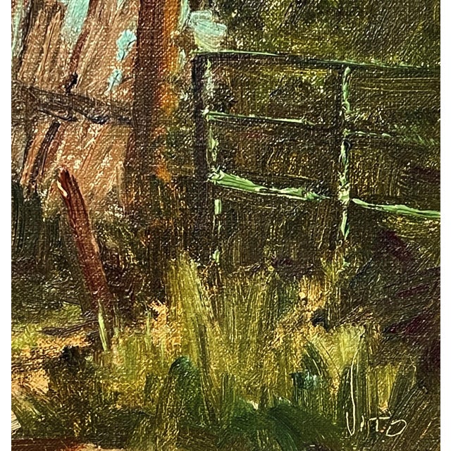 The Turquoise Wall (High Road to Taos) by Teresa Vito | Oil Painting of a colorful, rustic house For Sale - Image 4 of 5