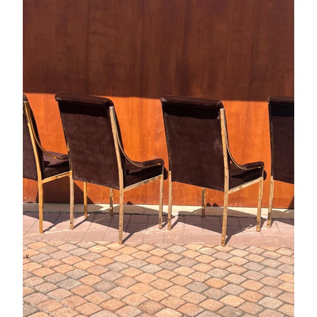 1970s 20th Century Brass And Brown Velvet Dining Room Chairs - Set of 4 For Sale - Image 5 of 12