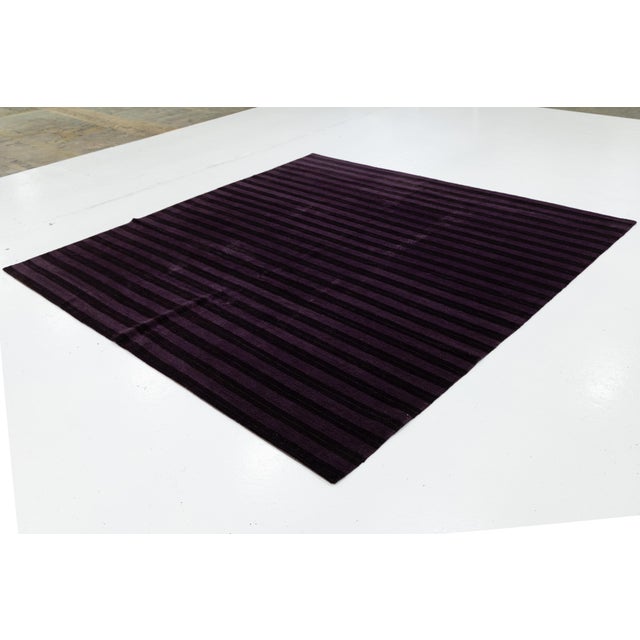 Contemporary Contemporary Tibetan Hand-Knotted Wool and Silk Rug With Deep Plum Stripes For Sale - Image 3 of 10
