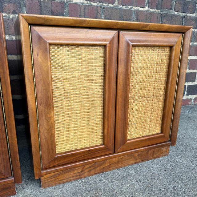 Pair of American of Martinsville Wonderwood Walnut & Cane Nightstands For Sale - Image 9 of 12
