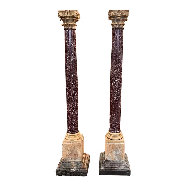 Pair of Porphyry and Yellow Marble Columns, 19th Century For Sale