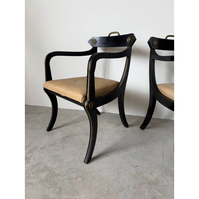 Pair of John Gee Style Hollywood Regency Ebonized Armchairs With Brass Accents For Sale - Image 10 of 12