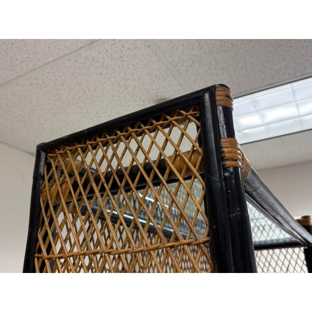 Wood Wicker, Glass + Black Bamboo Étagère, Mid 20th Century For Sale - Image 7 of 12