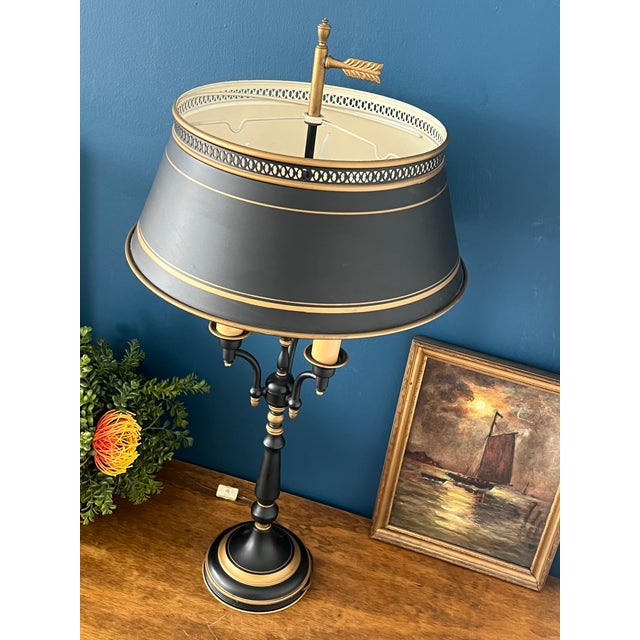 Metal Vintage Bouillotte Table Lamp — Black Tole & Gilt Metal, Three-Light French Style, Circa 1970s For Sale - Image 7 of 18