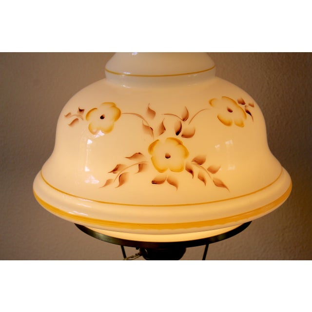 Brass Vintage “Gone With the Wind” Milk Glass Dresser Lamp - Hand-Painted Florals, Brass Base For Sale - Image 8 of 12