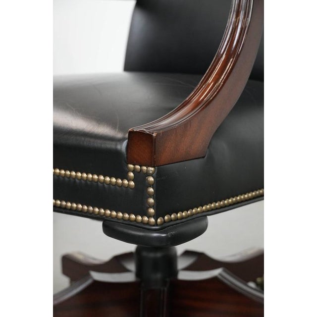 English Style Black Cowhide and Wooden Chesterfield Swivel Office Chair For Sale - Image 11 of 18